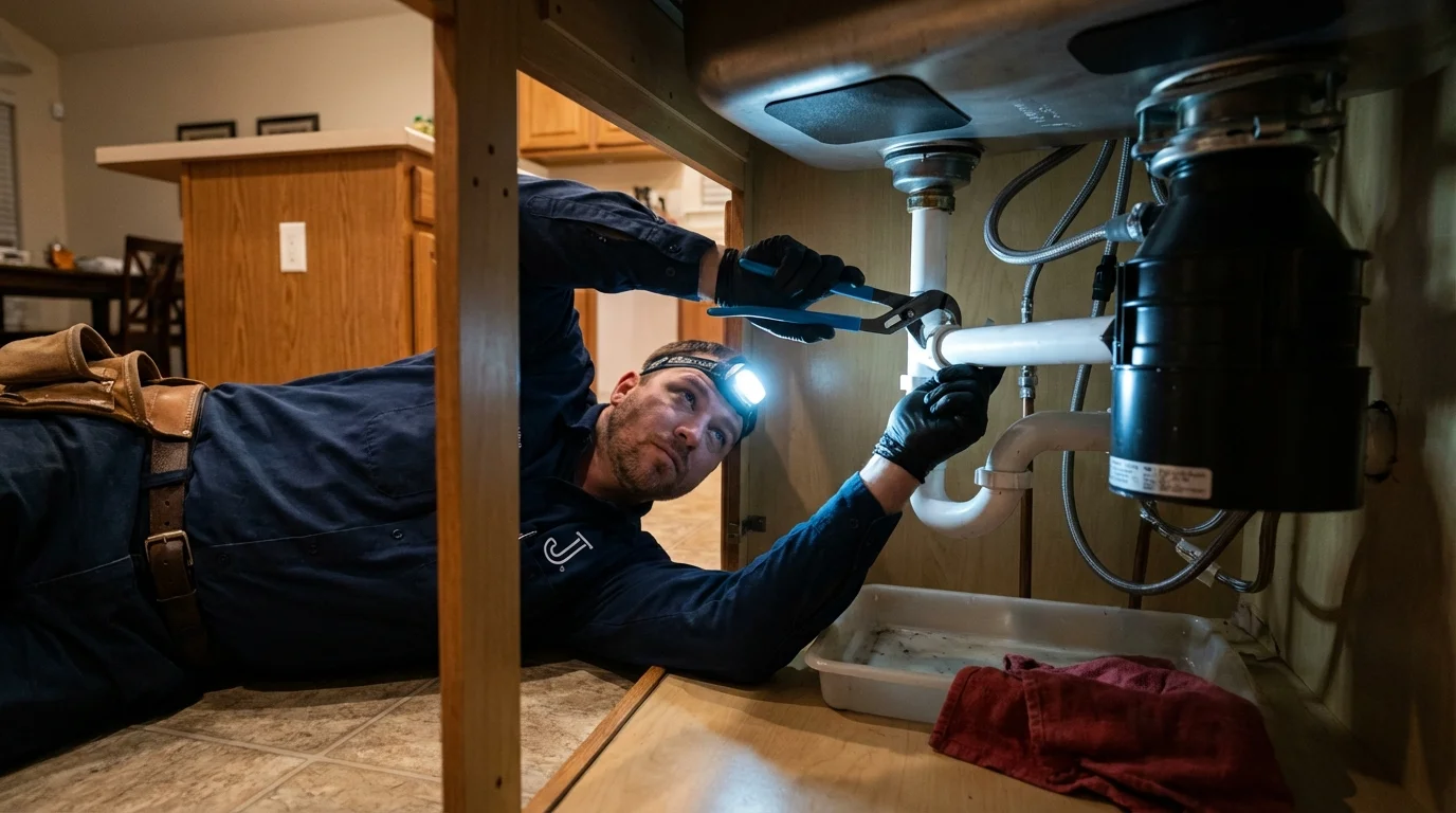 P-trap and supply line connections under a kitchen sink showing a common leak point in Mansfield, TX